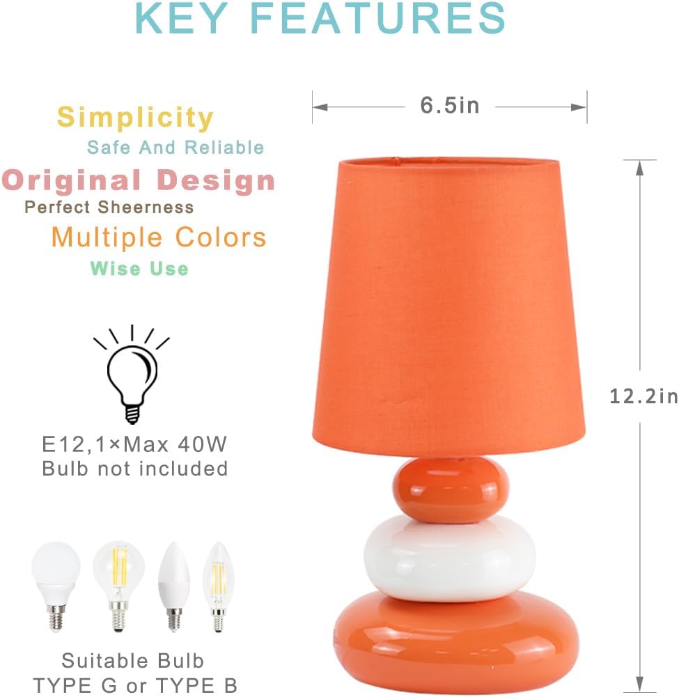 LULE Orange Small Table Lamp for Living Room as Bedside Table Lamp for Bedroom, Modern Ceramic Kids Night Table Lamp, Φ6.5×H12.2IN, Bulb…