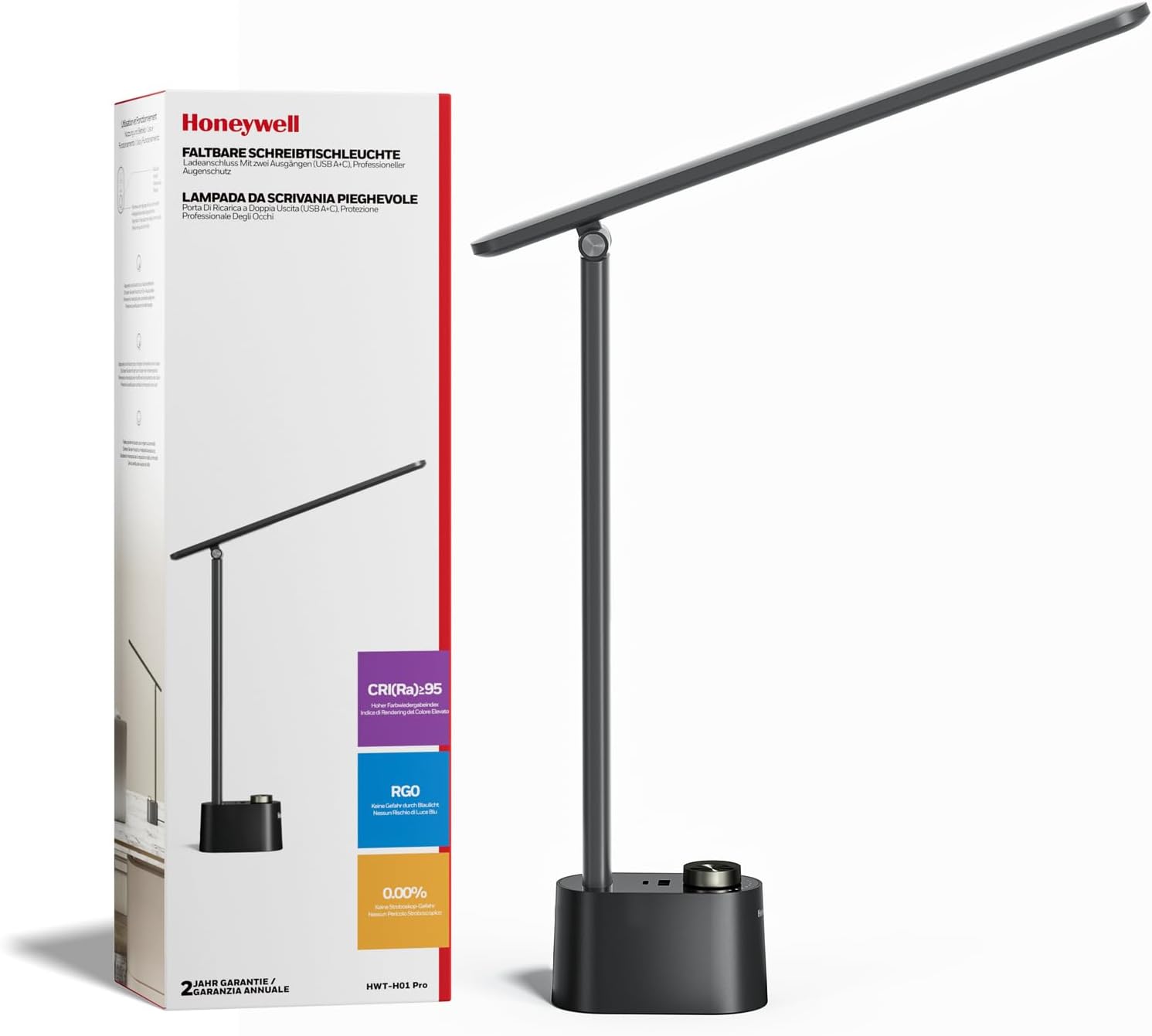 Honeywell Upgraded LED Desk Lamp - H01 Pro SunturaluxTM Foldable Desk Light with USB A+C Charging Ports, 3 Color Modes Dimmable Table Lamp…
