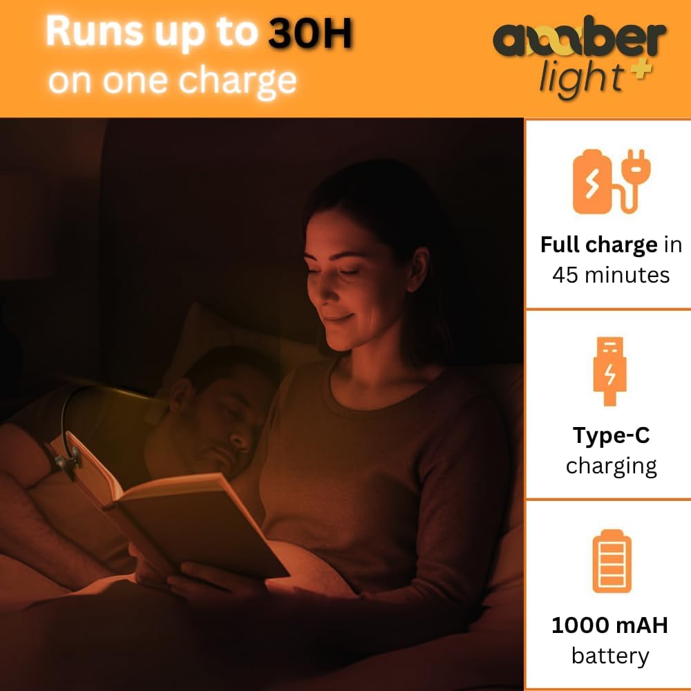 Amber Light + Giftable Amber Book Light - Blue Light Blocking - Night Reading Booklight Store. Rechargeable. 1600K for Reading in Bed at…