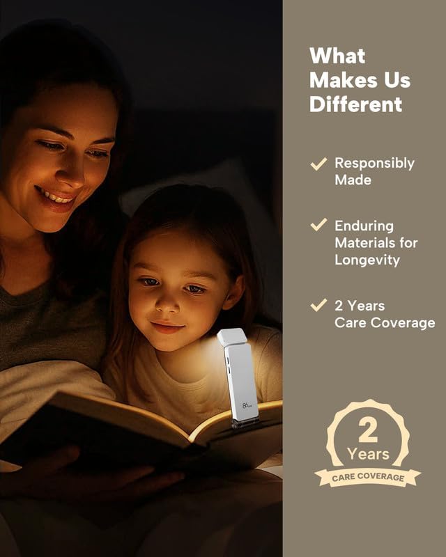86Lux Book Light, Rechargeable Clip-On LED Reading Light for Bed & Night Use - 3 Color Temperatures with Stepless Dimming, Ultralight Bookm…