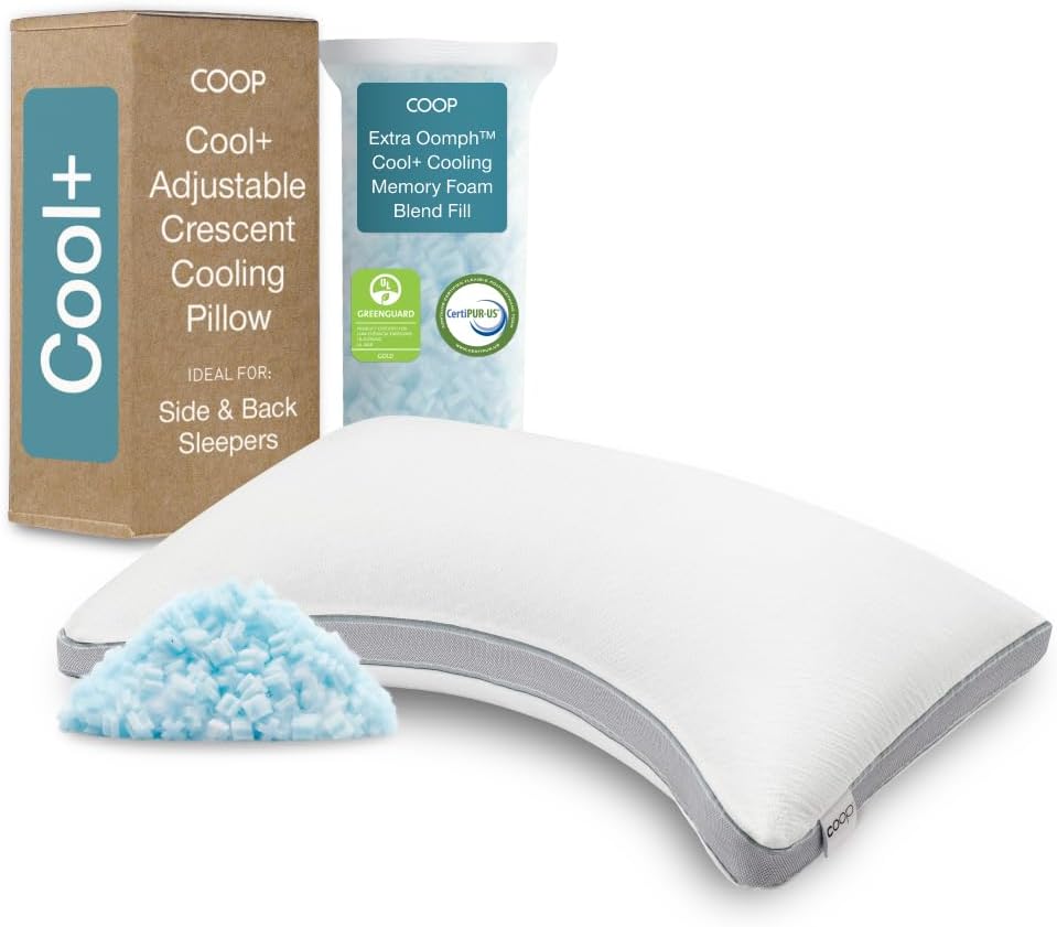 Coop Home Goods Cool+ Crescent Adjustable Pillow, King Size Plus Shaped Memory Foam Pillows with Cooling Gel, Neck Support, Back or Side…