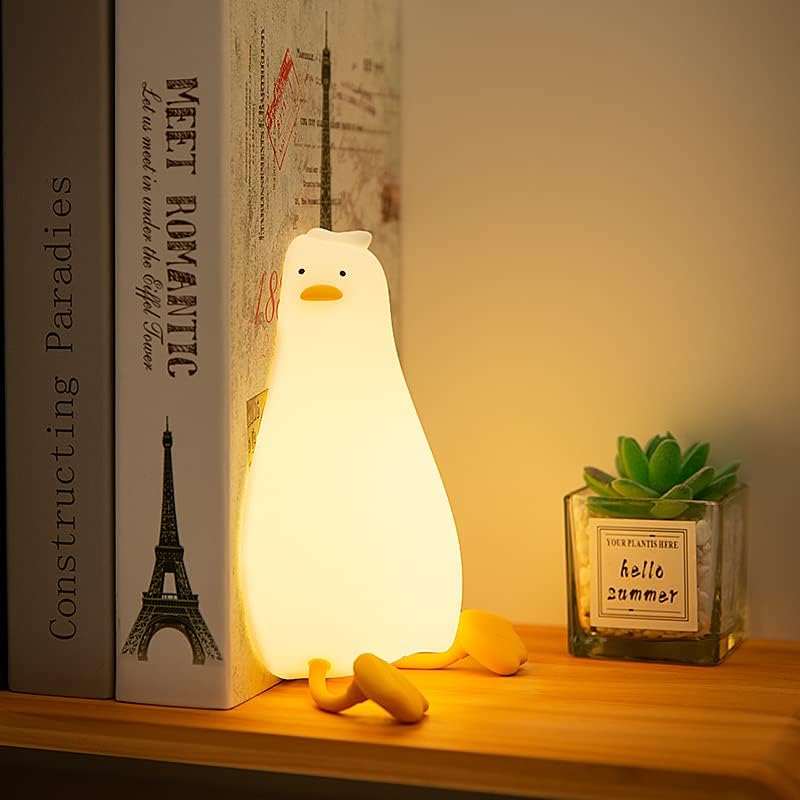 Happybag LED Lying Flat Duck Night Light, 3 Level Dimmable Nursery Nightlight, Cute Lamps Silicone Squishy Light Up Duck, Rechargeable Bedsid…
