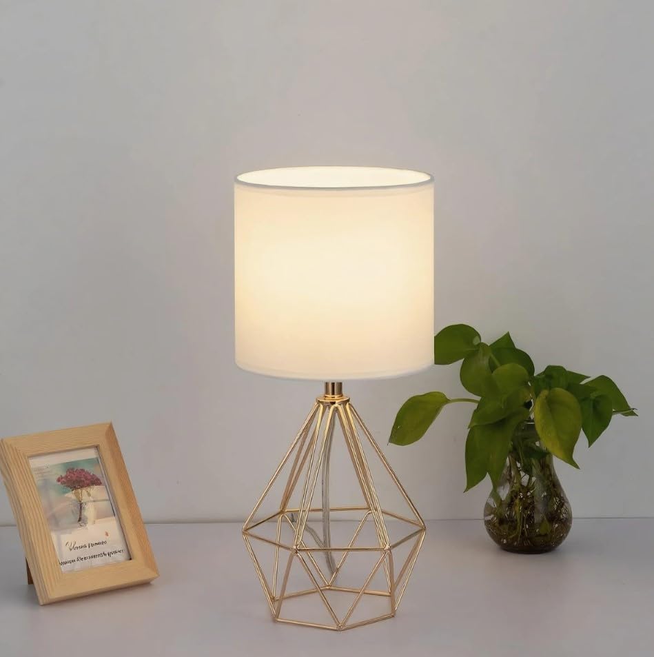 Gold Small Table Lamp Set of 2, Modern Bedside Nightstand Lamps with Geometric Metal Base White Fabric Shade, Cute Desk Lamp for Living…