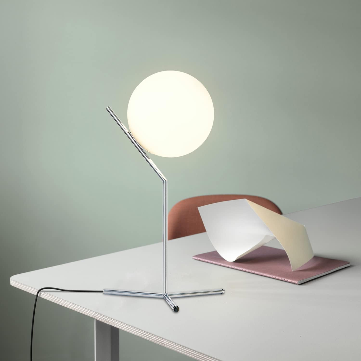 BOKT Modern Chrome Metal Globe Table Lamp Contemporary Milk White Glass Reading Lamp 1-Light E26 Table Standing Lamp Home Decor Glass…