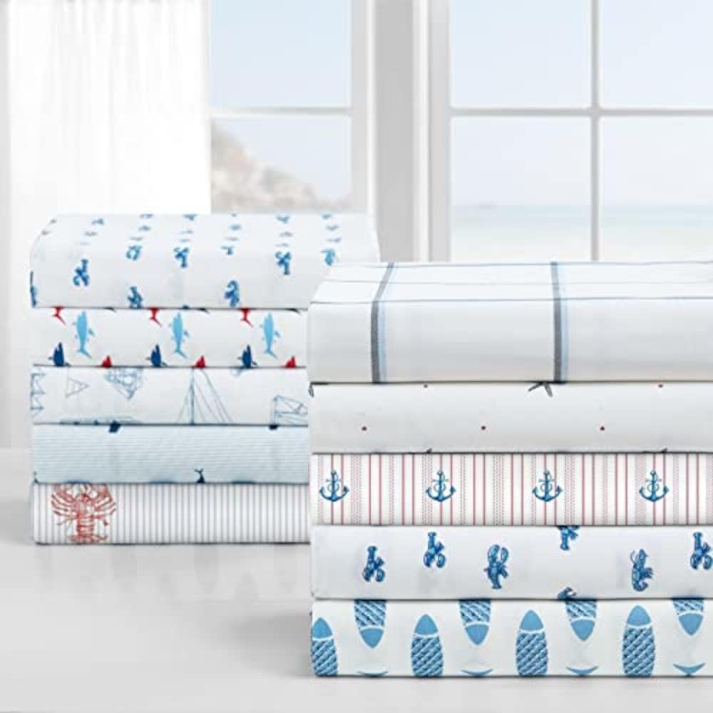 Nautica Full Size Sheet Sets, Cotton Percale Bedding, Crisp & Cool, Coastal Bedding Set (Costazul Blue/Red, Full) Cotton Blue