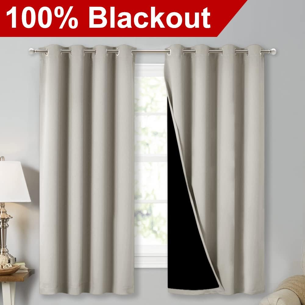Nicetown Extra Long Truly Blackout Drapes for Hall and Villa, 46-inch Width Each Panel, 45-inch Length, Natural, 2 Pieces, 100% Blackout Wi…