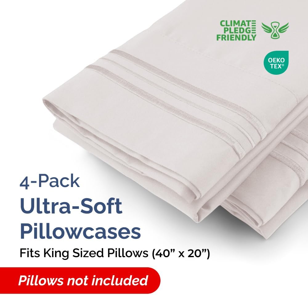 King Pillow Cases Set of 4 - Ultra Soft Hotel Quality Pillowcase Covers - Comfy, Cozy & Wrinkle Free - Shrinkage, Stain & Fade Resistant…