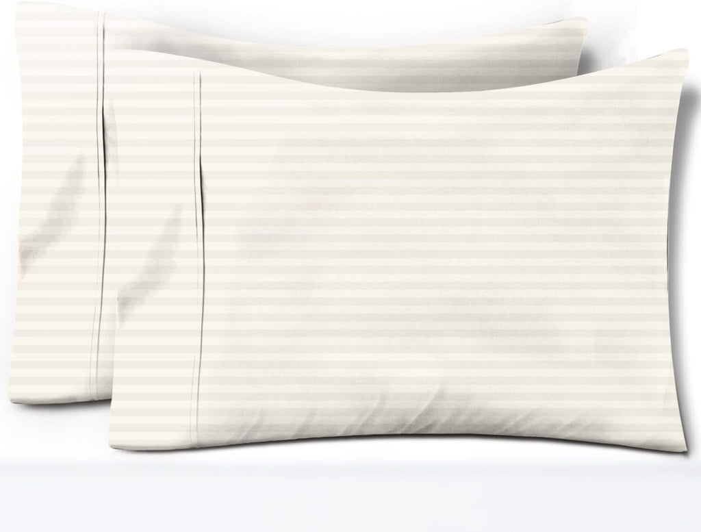 TEXAS LINEN CO. 100% Egyptian Cotton Pillow Cases Set of 2, Texan Talkin' Damask 600 Series King Pillowcase for Sleeping (Ivory Stripe)…