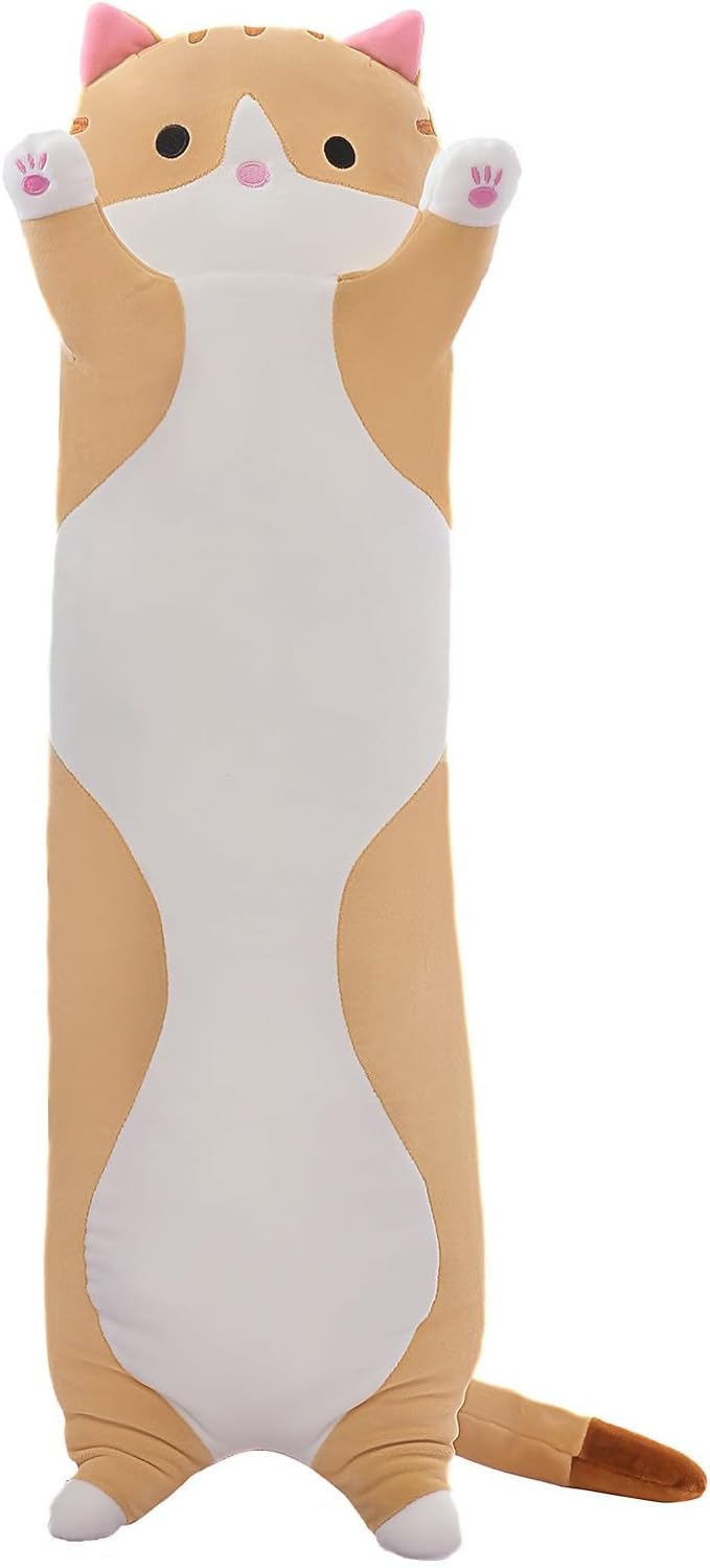 Shinuoer Cute Cat Plush Long Body Pillow – Soft Cartoon Stuffed Animal Doll, Kawaii Cat Plushie Cuddle Toy for Kids, Girls & Girlfriend (Br…