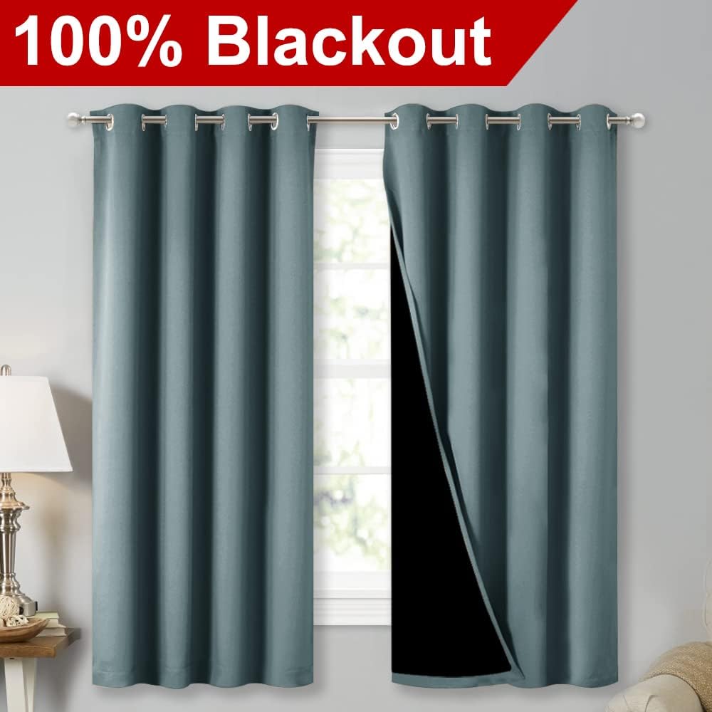 Nicetown Extra Long Truly Blackout Drapes for Hall and Villa, 46-inch Width Each Panel, 45-inch Length, Greyish Blue, 2 Pieces, 100% Blacko…