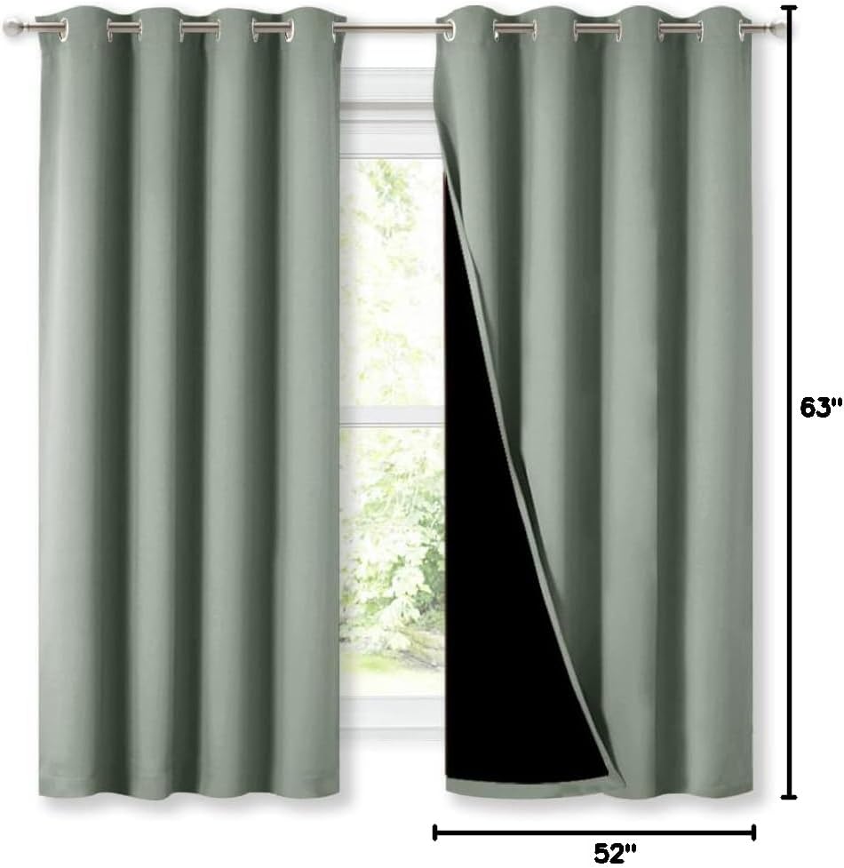 Nicetown Greyish Green 100% Blackout Lined Curtains, 2 Thick Layers Completely Blackout Window Treatment Thermal Insulated Drapes for Kitch…
