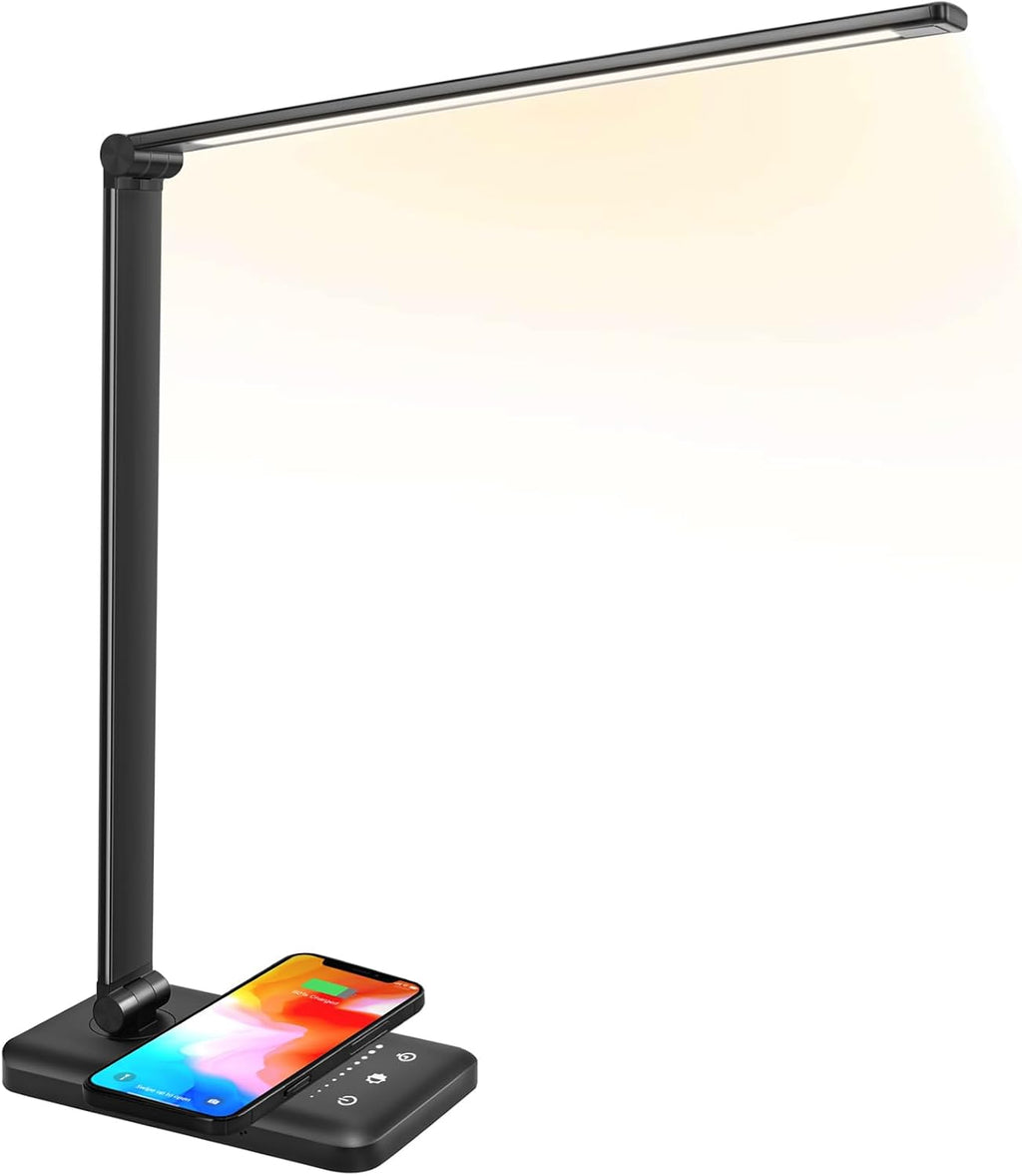 Jostic LED Desk Lamp with Wireless Charger, USB Charging Port, 10 Brightness, 5 Color Modes, Desk Lamps for Home Office, Dimmable Table Lam…