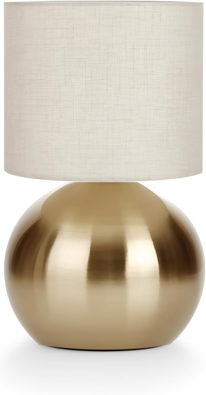 Modern Golden Small Table Lamp with Cotton Linen Shade, 10.4-inch LED Desk Light, One-Button Switch for Bedroom, Living Room, Nightstand…