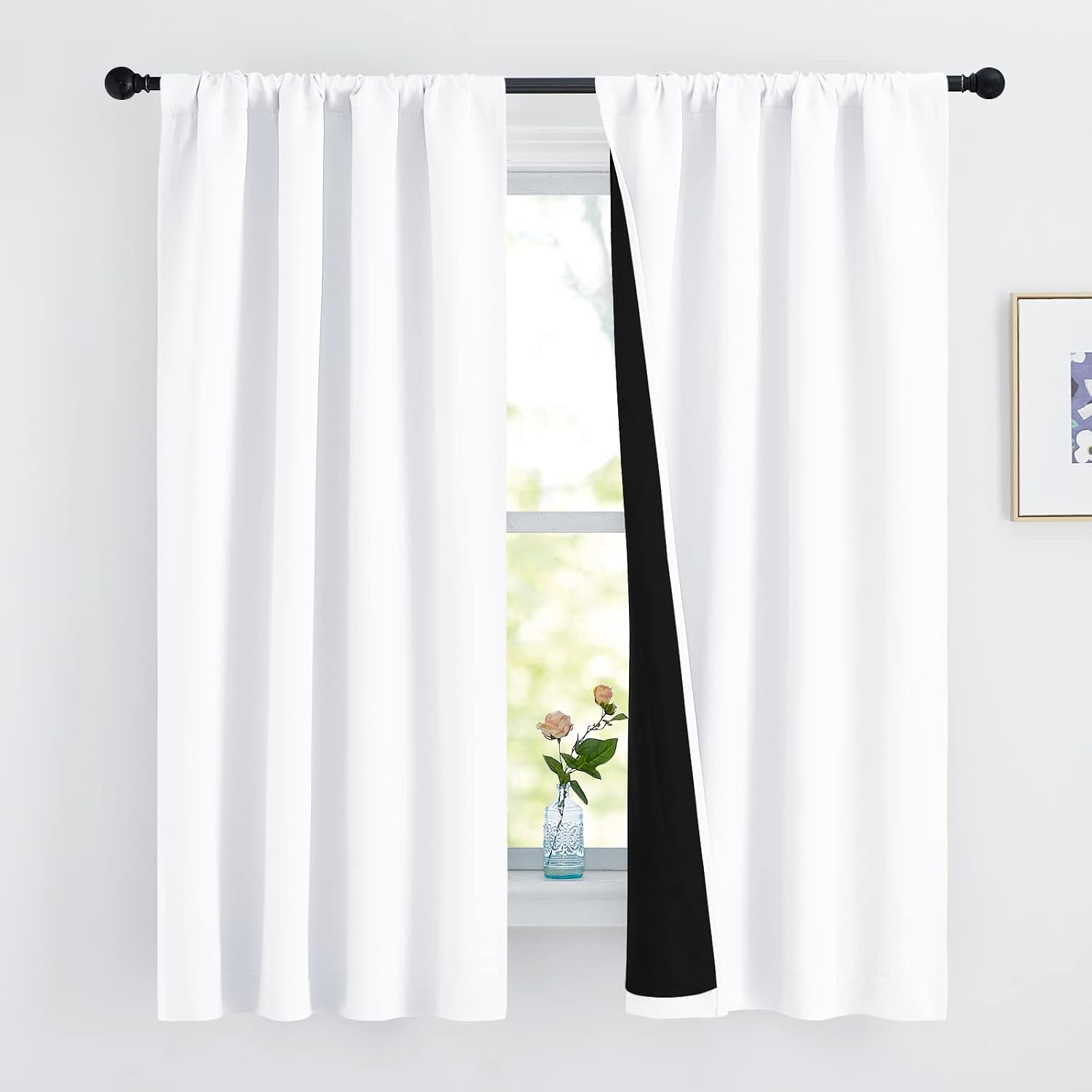 Nicetown White 100% Blackout Lined Curtains, 2 Thick Layers Completely Blackout Rod Pocket Thermal Insulated Drapes for Kitchen/Bedroom (1…
