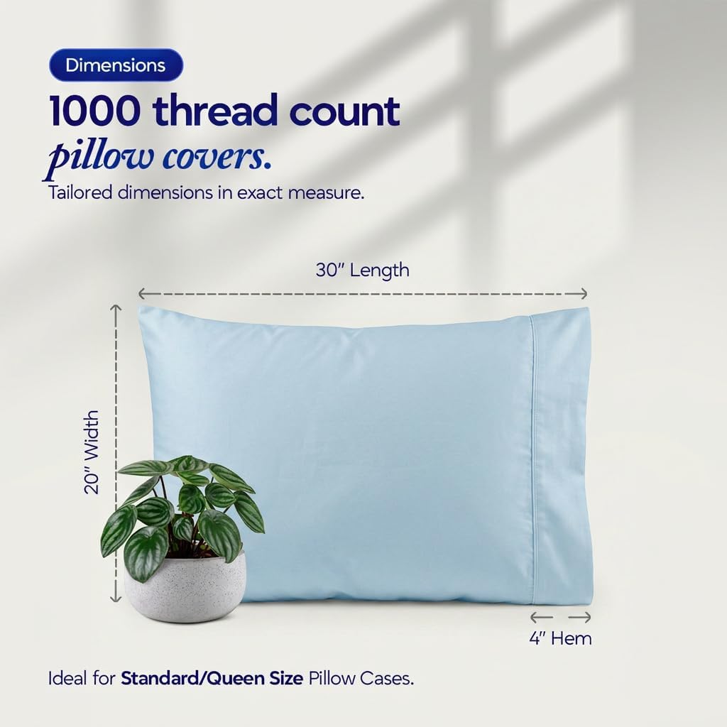 1000 TC Pillowcases Set of 2 100% Egyptian Cotton Pillow Cases with Long Staple Cotton & Sateen Weave, Silky Soft Hotel Like Bed Pillow…