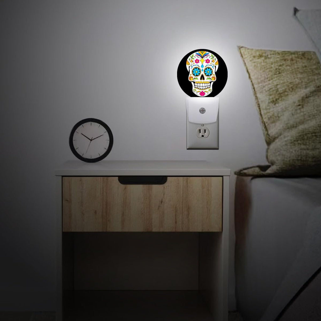Skull Skeleton Head Halloween Dia De Los Muertos Night Light Plug Into Wall Auto Led Sleep Round Lamp for Living Room Hallway Stairs