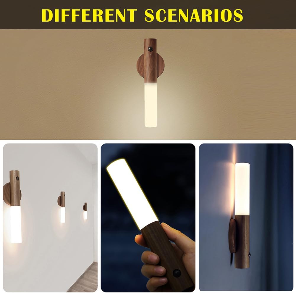 LANDGOO Wooden Motion Sensor Night Lights Magnet Body Sensor Hallway Night Lights Rechargeable Led Light Portable Stairway Wall Sconce…