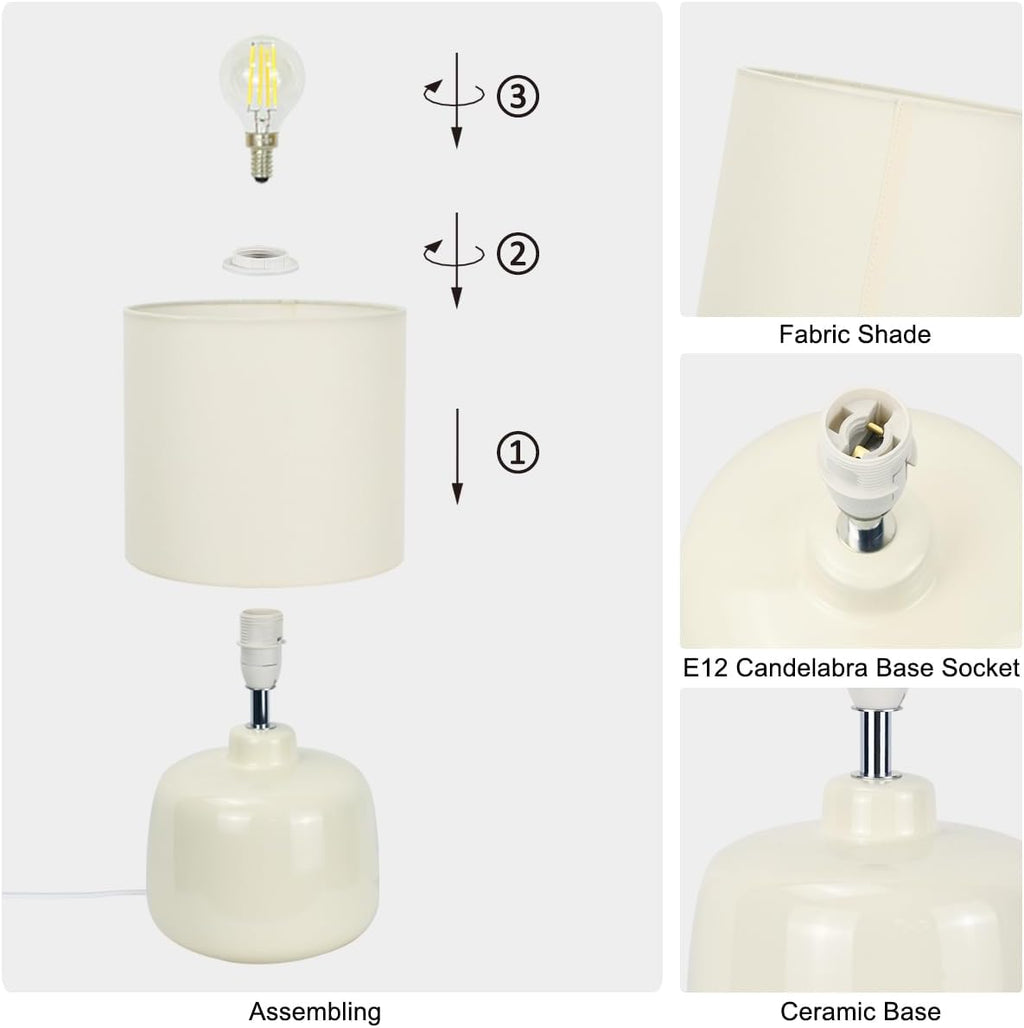 LAMPWELLOSLO Small Ceramic Table Lamp for Living Room and Bedroom, Modern Kids Night Table Lamp, Φ7.09×H13.39IN, Bulb Excluded, Cream