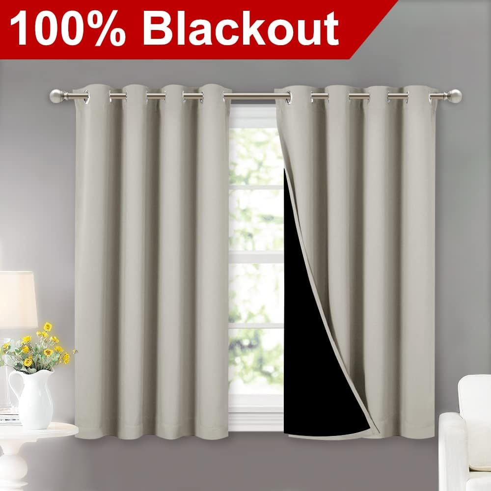 Nicetown Natural 100% Blackout Curtains 45 inches Long, 2 Thick Layers Completely Blackout Window Treatment Thermal Insulated Lined Drapes…