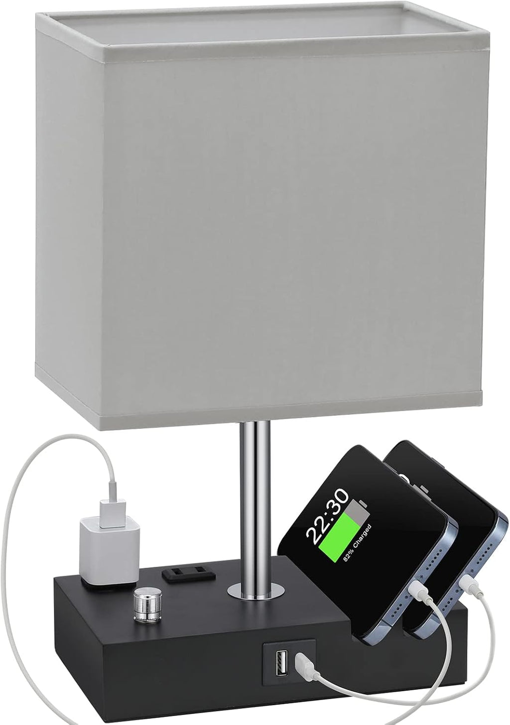 Kakanuo Table Lamp for Bedroom with Dual USB Ports, Grey Fully Dimmable Bedside Lamp with Phone Stands and 2 Charging Outlets, Desk Lamp…