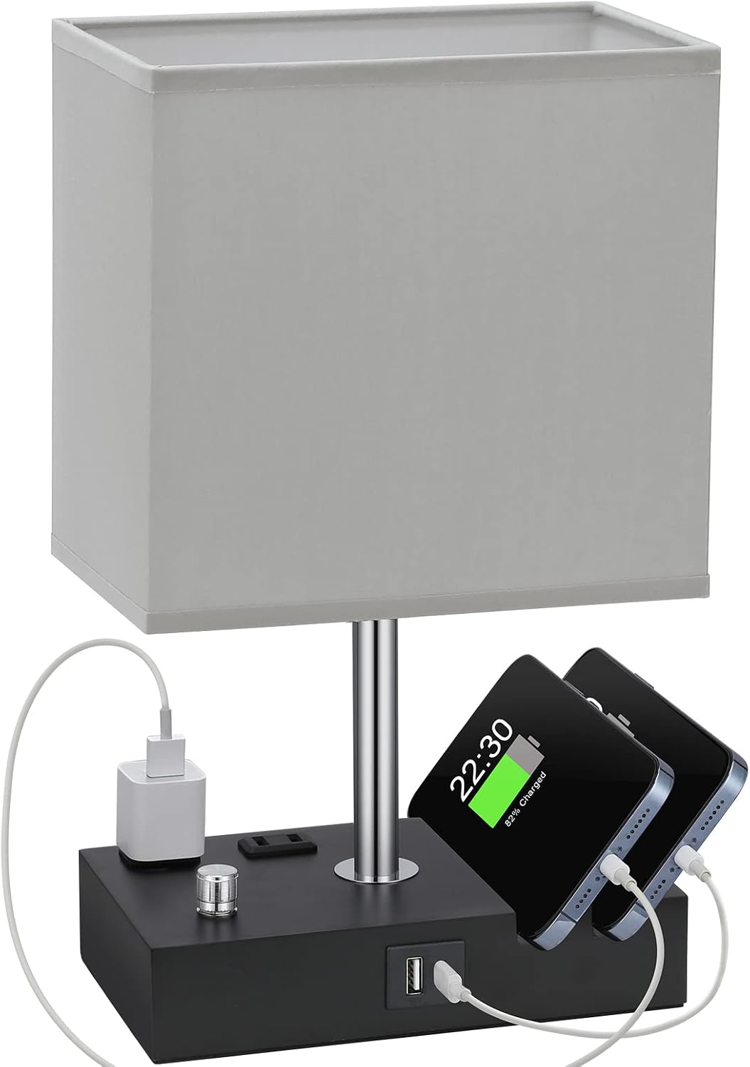 Kakanuo Table Lamp for Bedroom with Dual USB Ports, Grey Fully Dimmable Bedside Lamp with Phone Stands and 2 Charging Outlets, Desk Lamp…