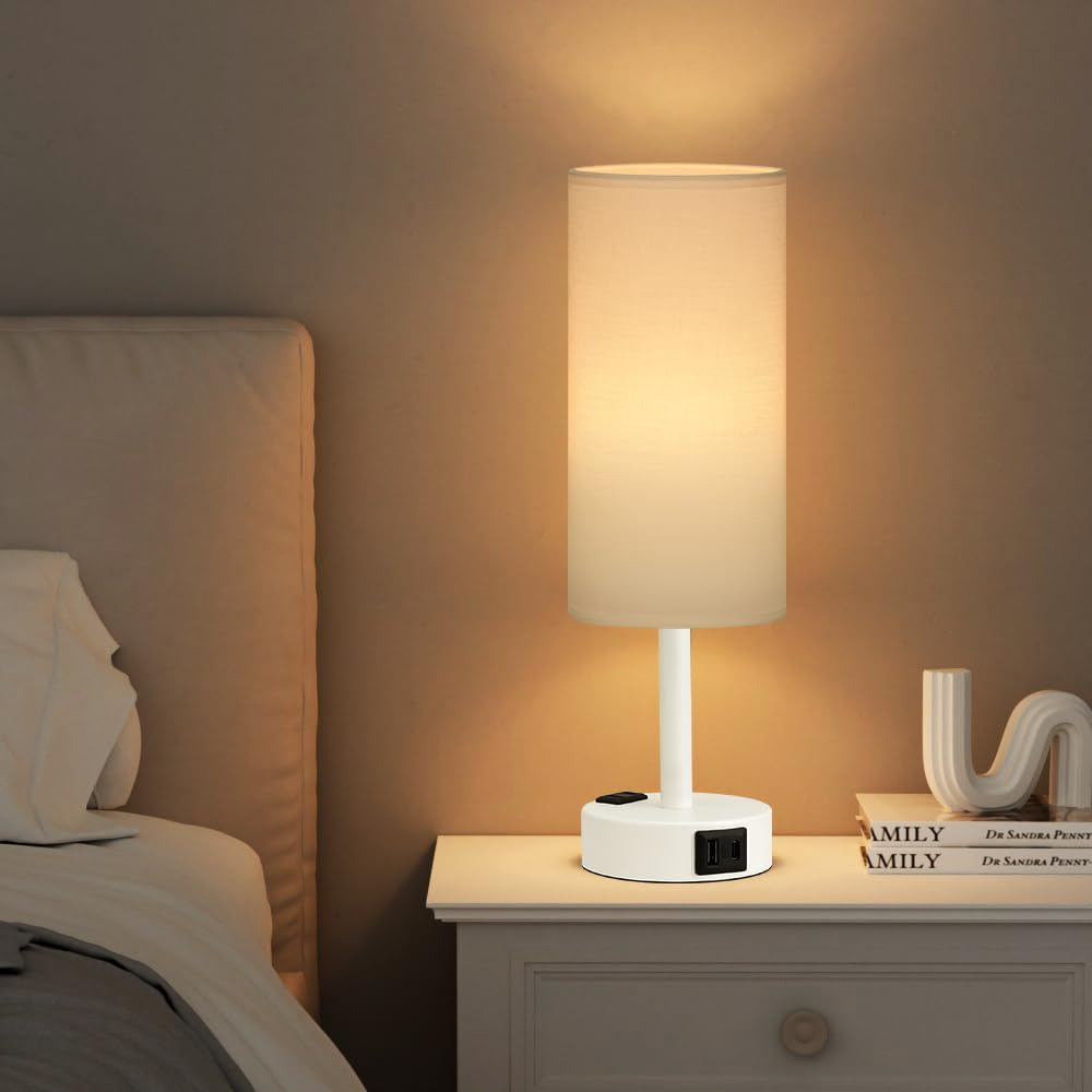 Fenmzee Matte White Bedside Table Lamp for Bedroom - 3 Way Dimmable Touch Lamp USB C Charging Ports and AC Outlet, Small Lamp Round…