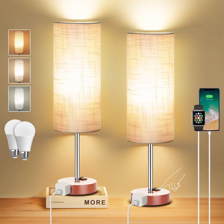 ZJOJO Table Lamp for Bedroom 2 Pack,18in Bedside Lamps with 3 Way Dimmable Rocker Switch & AC Outlet, Nightstand Desk Lamp with Gray…