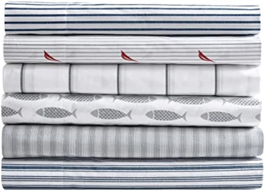 Nautica Full Size Sheet Sets, Cotton Percale Bedding Set, Crisp & Cool, Coastal Home Decor (Woodblock Fish Grey, Full) Cotton Grey