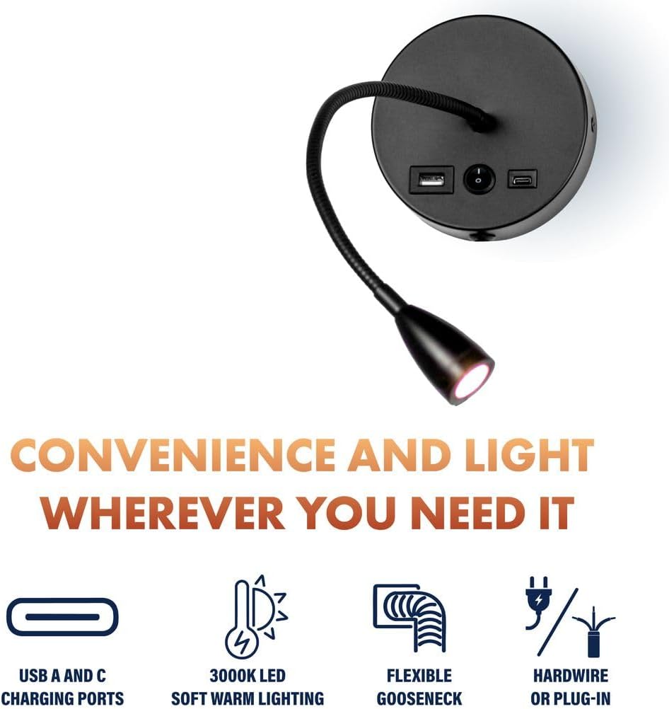 NewhouseLighting Newhouse Lighting 4.5 in. W x 15 in. H Cole Gooseneck Reading Light in Matte Black with USB-A and USB-C Charging Ports NHR…