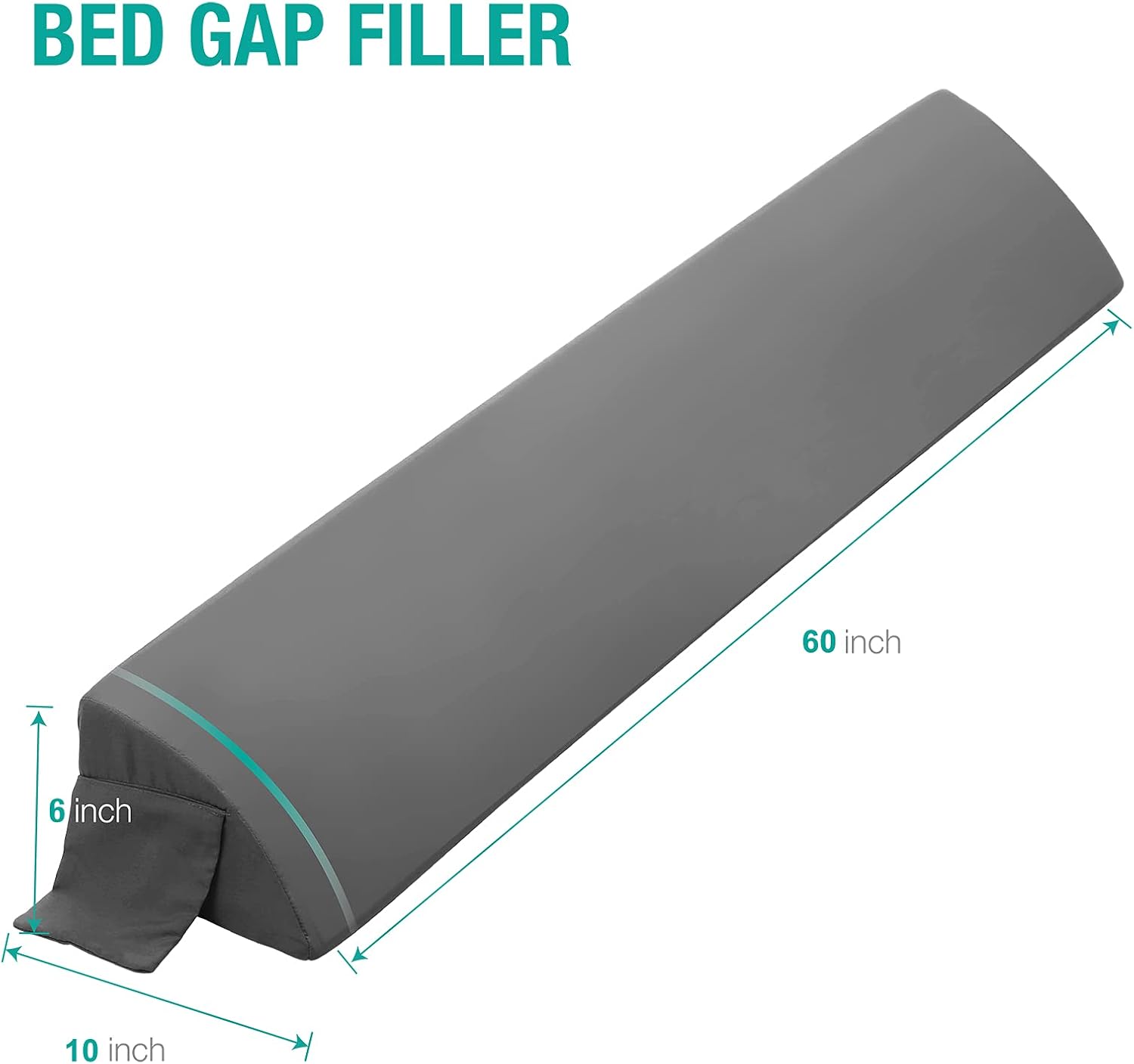 Vekkia Queen Bed Wedge Pillow for Headboard Gap, 0–6" Gap Filler with Side Pockets & Washable Cover, Gray 60"x10"x6"