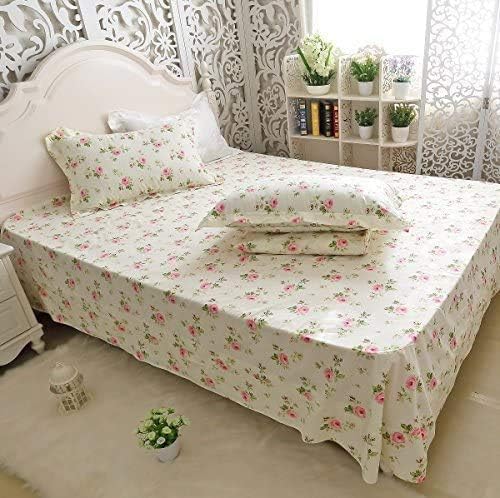 FADFAY Floral Sheets for Queen Size Bed Cotton Pink Rose Bed Shees Shabby & Chic Bedding Light Yellow Rosette Print Breathable Soft…