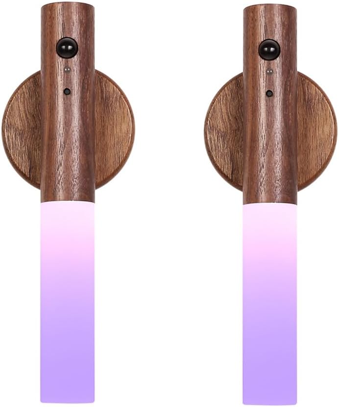 LANDGOO 2 Pack Walnut Night Lights with Motion Sensor & RGB Touch Control | USB-C Rechargeable Wood Wall Sconces Set for Bedroom Pair…
