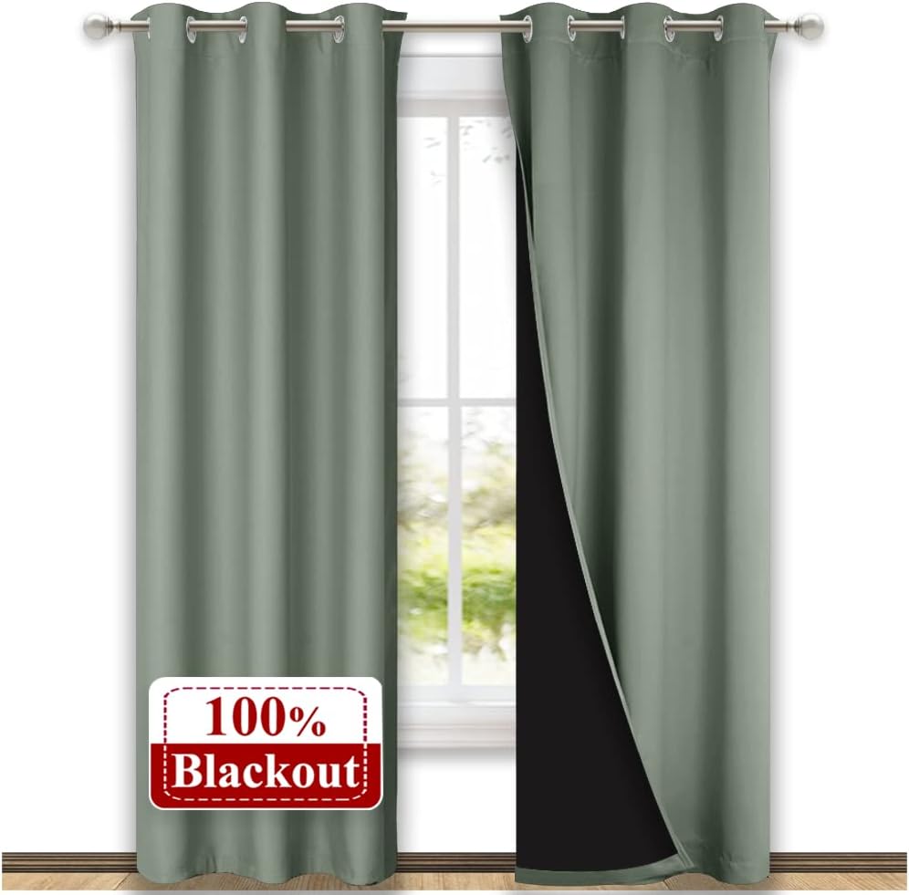 Nicetown Greyish Green Blackout Curtains 80 inches Long, Full Light Blocking Drapes with Black Liner for Nursery, Thermal Insulated Draperi…