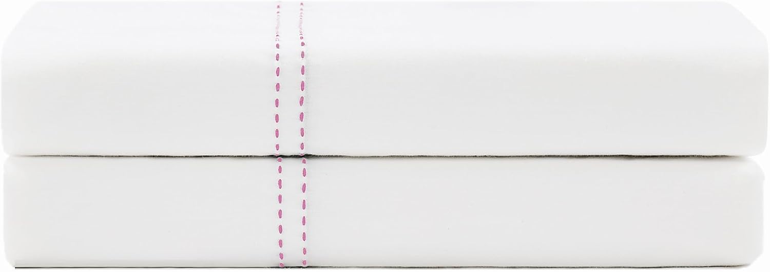 Scout 100% Cotton Percale Pick Stitch 2-Piece King Pillowcases in White/Pink Lemonade, Solid Color, Oeko-TEX Certified Cotton White