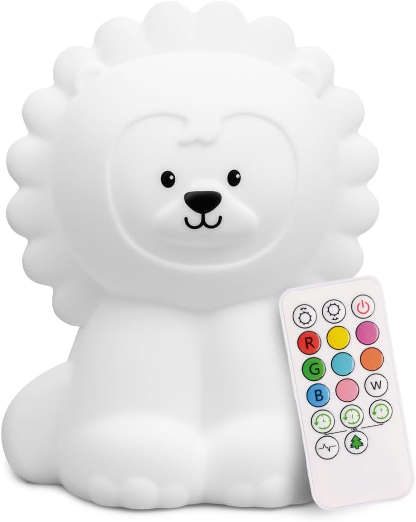 Lumipets Remote Control Silicone Night Light for Kids - Lion Design with 9 Soft Colors & Sleep Timer - Rechargeable, Battery-Operated…