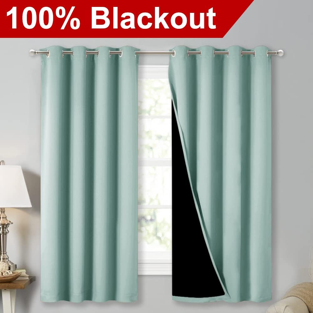 Nicetown Aqua Blue 100% Blackout Lined Curtains, 2 Thick Layers Completely Blackout Window Treatment Thermal Insulated Drapes for Kitchen/B…