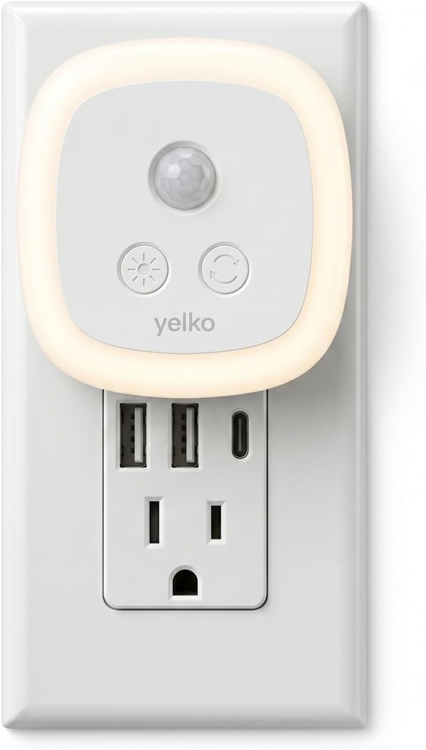 YELKO Motion Sensor Night Light, 5-Level Dimmable with Dusk to Dawn Sensor, Plug in Warm White Anti-Glare LED, Cozy Soft Glow, Adjustable…