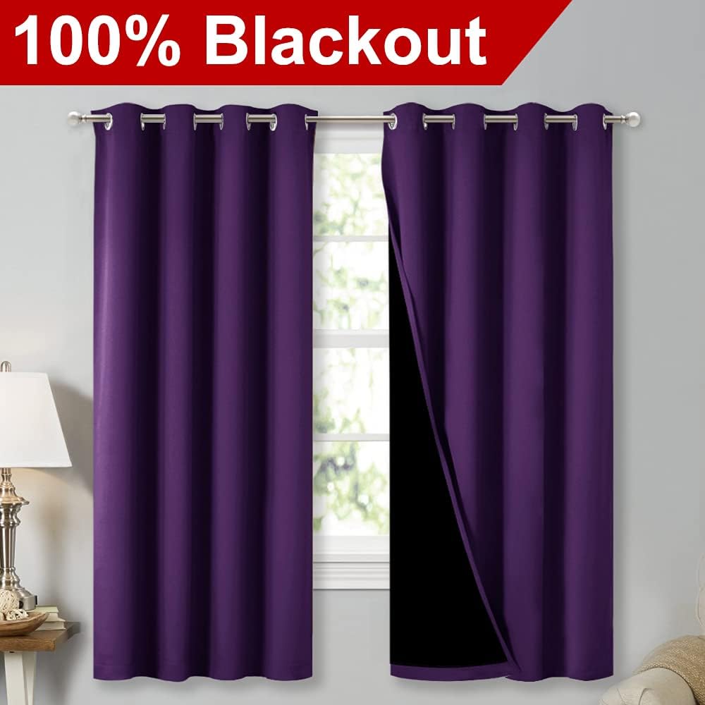 Nicetown Extra Long Truly Blackout Drapes for Hall and Villa, 46-inch Width Each Panel, 45-inch Length, Royal Purple, 2 Pieces, 100% Blacko…