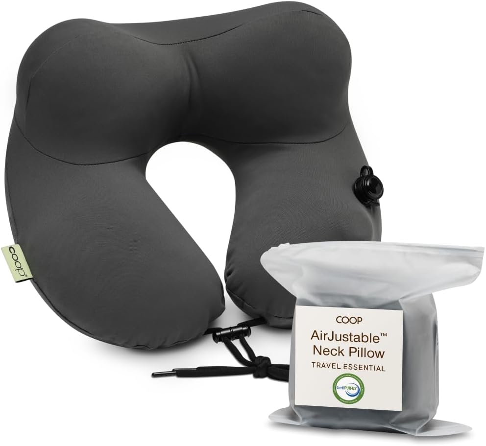 Coop Home Goods AirJustable Travel Neck Pillow, Inflatable, Adjustable Support for Neck & Chin, Compact, Soft Memory Foam Comfort…