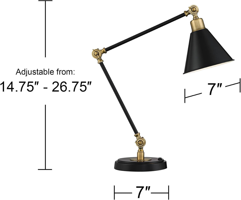 360 Lighting Wray 26 3/4" High Modern Adjustable Desk Lamp with USB Charging Ports A+C Painted Black Brass Metal Cone Shade for Living…