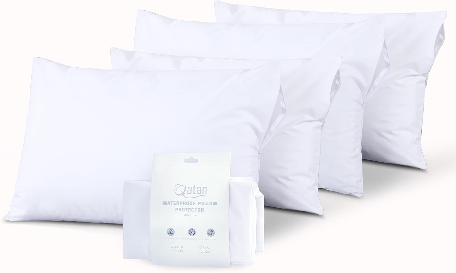 Waterproof Standard Size Pillow Protectors Set of 4 – Soft Microfiber Zippered Pillow Case Protector, Noiseless Breathable TPU Backed…