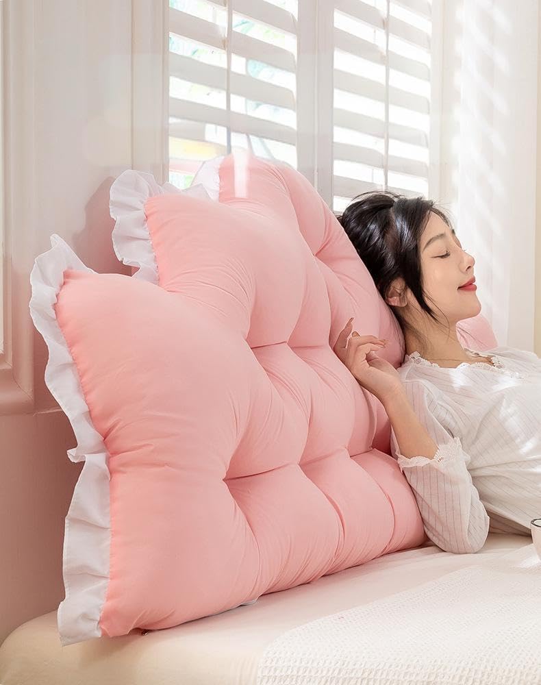 Reading & Bed Rest Pillow for Headboard – Wedge Backrest Positioning Support Cushion with Ties, Soft Washed Cotton Cover, Fluffy High…