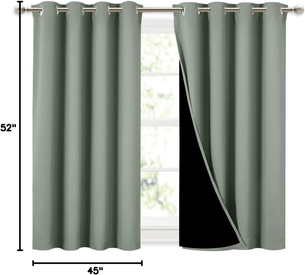 Nicetown Greyish Green 100% Blackout Curtains 45 inches Long, 2 Thick Layers Completely Blackout Window Treatment Thermal Insulated Lined D…