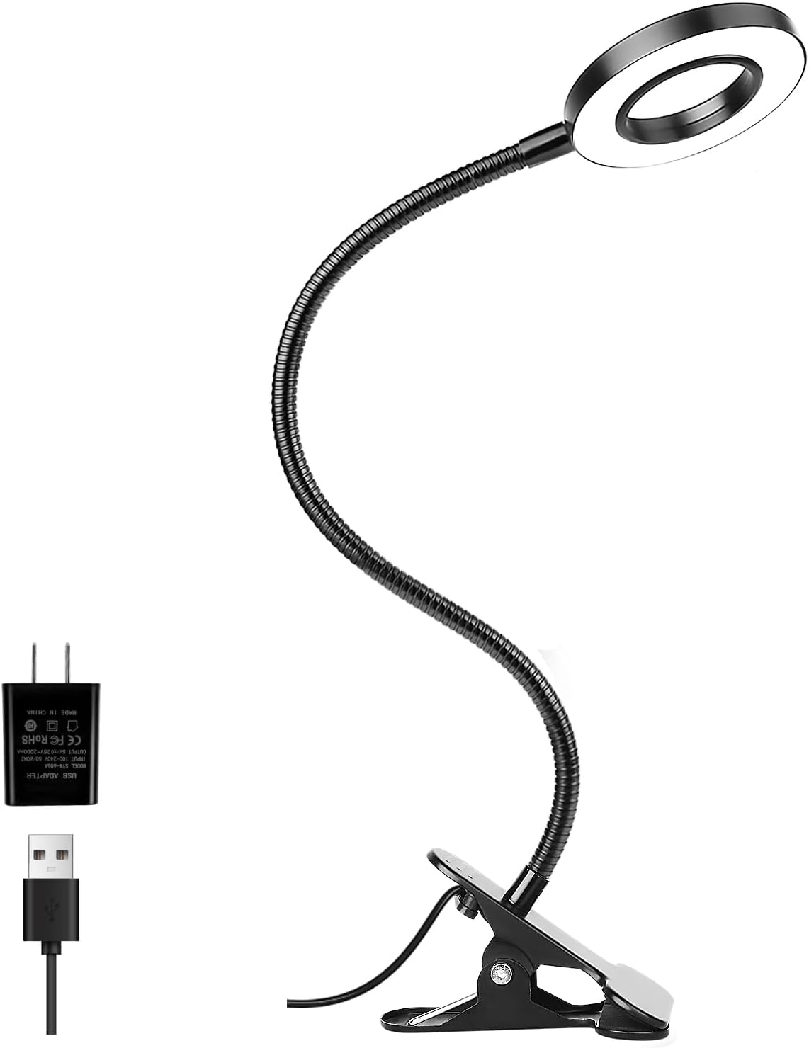 Woputne Desk Clip on Lamp for Reading Home Office, with 5V 2A Adapter, 10 Dimmable Brightness 3 Modes, Clamp Reading Light for Bed…
