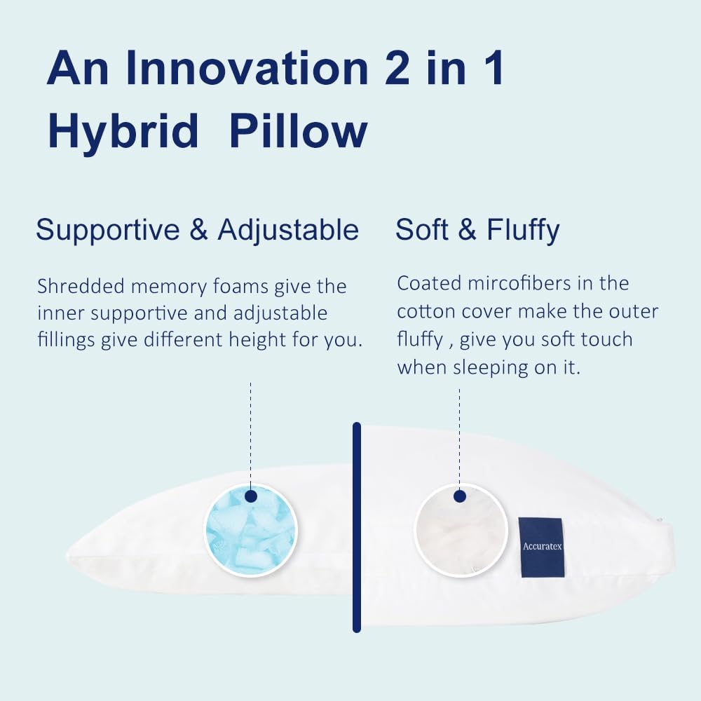 ACCURATEX Hybrid Pillow for Sleeping, Adjustable Shredded Memory Foam Pillow Core with Fluffy Down Alternative Fill Removable Cotton…