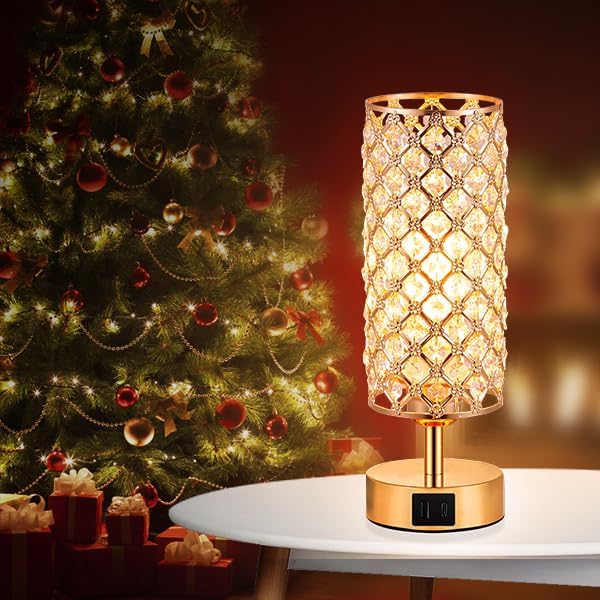Crystal Table Lamp, Gold Lamp for Bedroom with USB-C USB-A Charging Ports, 3 Way Dimmable Light with Crystal Lampshade, Bedside Lamp…