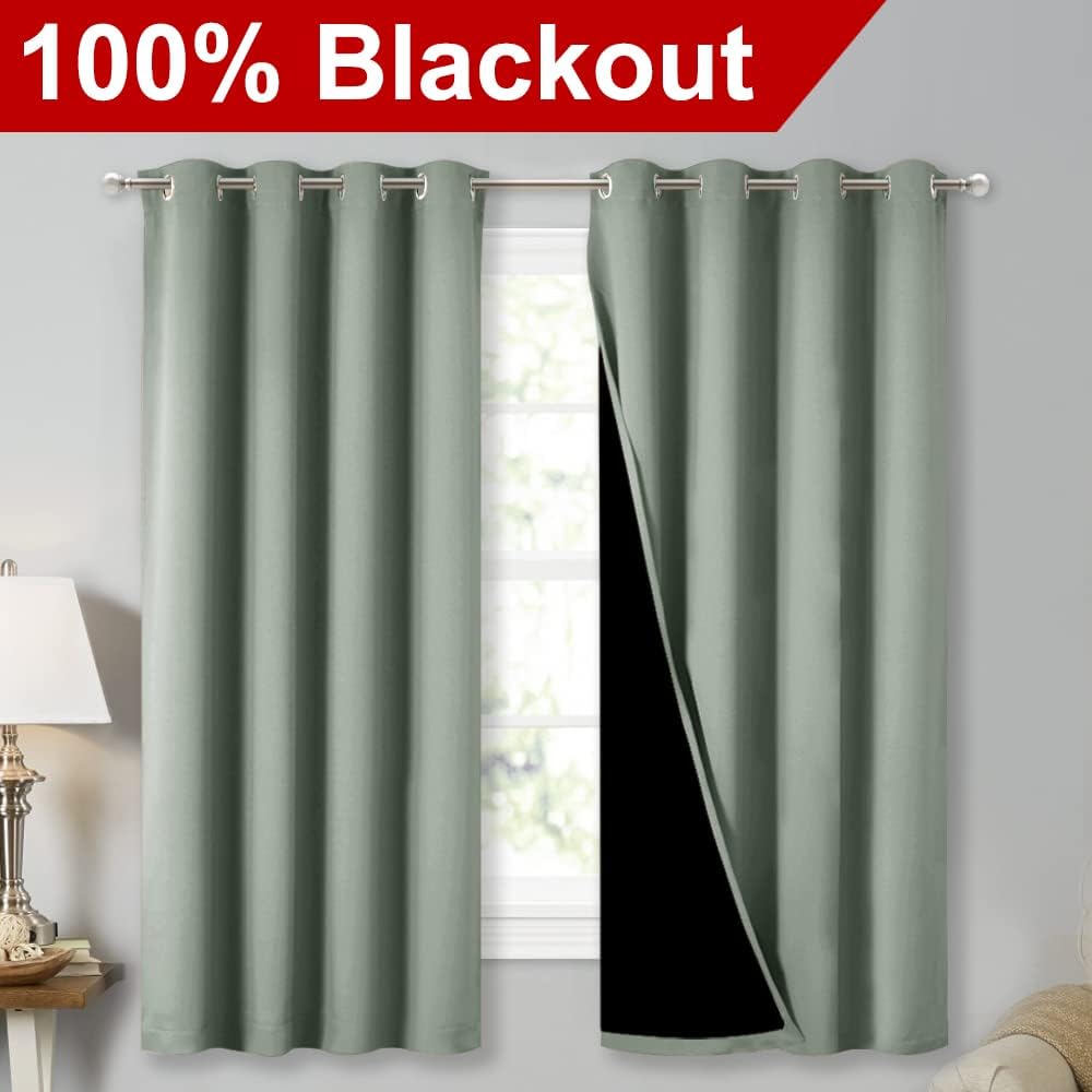 Nicetown Greyish Green 100% Blackout Lined Curtains, 2 Thick Layers Completely Blackout Window Treatment Thermal Insulated Drapes for Kitch…