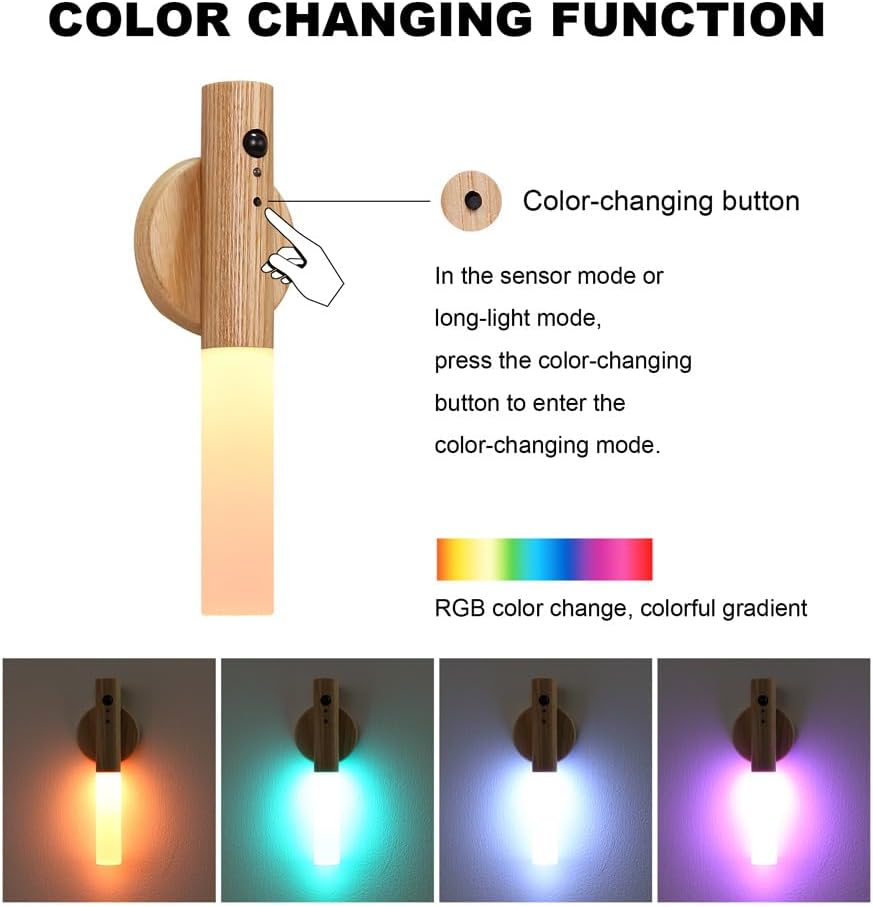 LANDGOO RGB Motion Sensor Night Light, Color Changing Atmosphere Lamp, Battery Powered Rechargeable LED Wood Wall Sconce for Home Party…