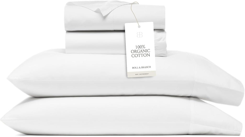 BollBranch BOLL & BRANCH Percale Hemmed Sheet Set - Cooling Breathable Bed Sheets for Hot Sleepers - Split King, White - Luxury 100% Organi…
