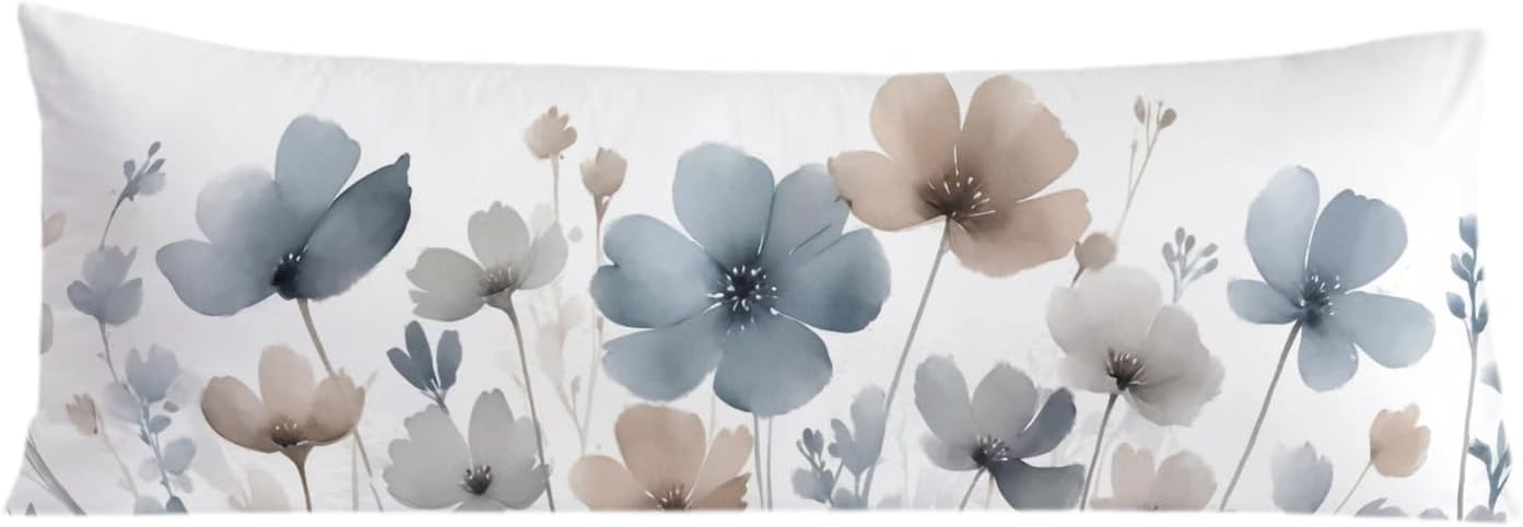 Vintage Watercolor Floral 20x54 Body Pillow Cover, Floral Room Decor, Abstract Blue Gray and White Flowers Botanical Decorative Long Body…